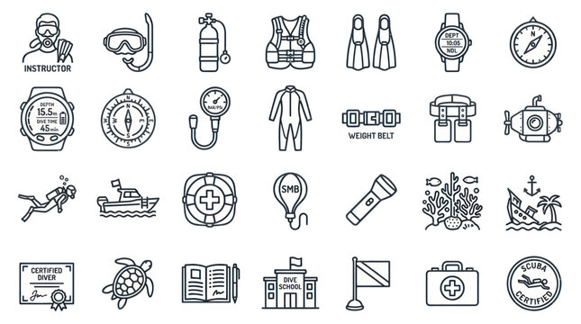 Scuba diving and underwater marine exploration line icons.