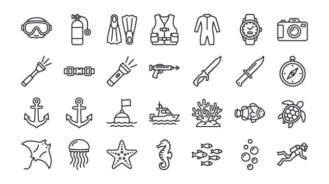 Scuba diving and underwater exploration line icons set.