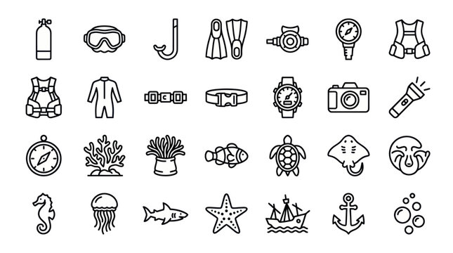 Scuba diving and underwater marine life icon collection.