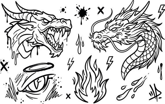 Mythical dragon head flash tattoo vector elements set featuring traditional asian dragon dripping paint monster eye and fire flame