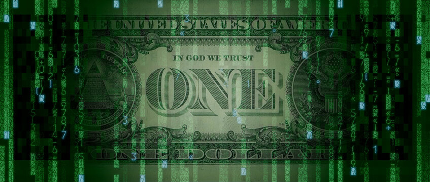 Digital Cash Concept with One Dollar Bill made up of Code. Modern Banking Wallpaper.