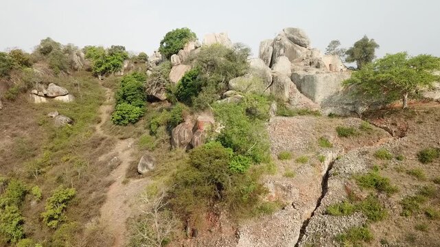 Aerial view of Great Zimbabwe ruins, ancient stone walls and granite rocks in Africa