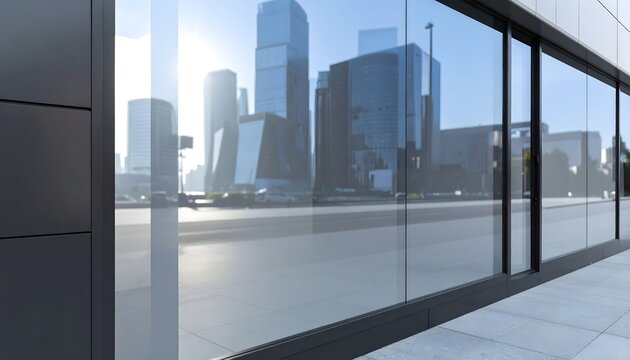 Reflejo de modernos rascacielos urbanos en la fachada acristalada de un edificio corporativo contempor&aacute;neo