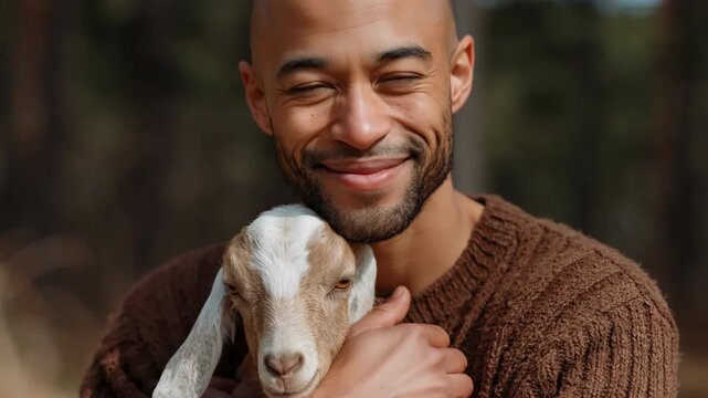 Man smiling while hugging goat in pine forest outdoors