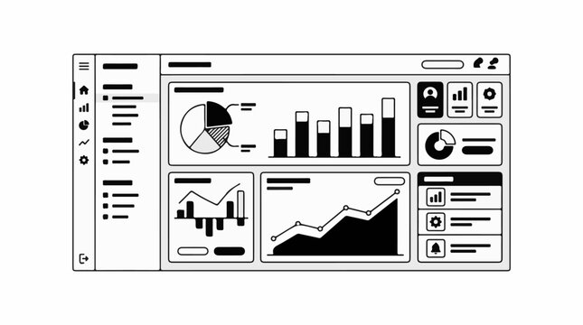 Digital dashboard displaying various charts and navigation elements