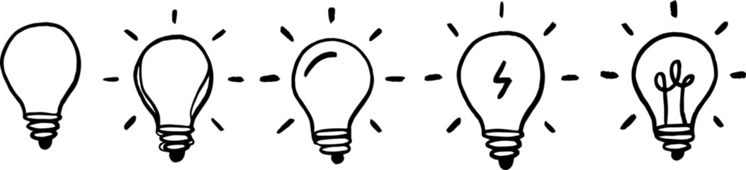 Hand Drawn Light Bulb Icons Set for Idea, Innovation and Creative Thinking Concepts. Inspiration, Brainstorming, Startup and Business Solution Vector Symbols © Ink Magic