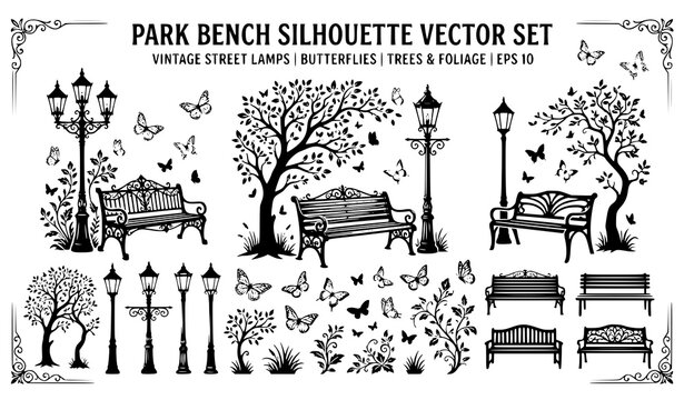 Create a premium vector illustration featuring 30 unique park bench scenes isolated on a solid white background. Each composition should include a classic wooden or metal park bench accompanied by ele