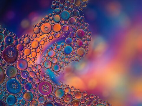 Abstract oil in water macro photography, vibrant liquid bubbles with iridescent colors, colorful fluid art texture for creative backgrounds