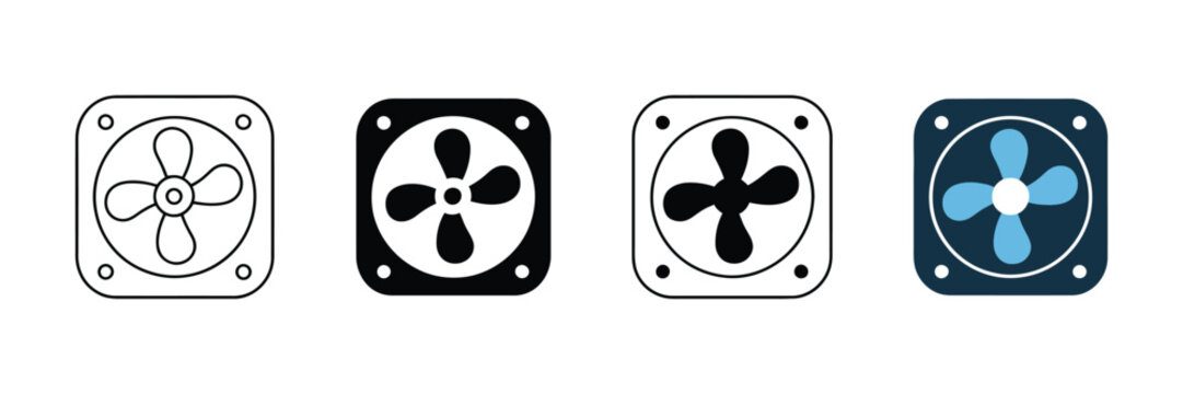 Computer fan icon set, cooling system vector symbols, industrial ventilator line art, 4 electric fan variations for hardware interface design