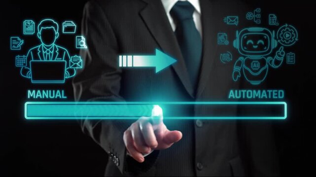 Transition from Manual Processes to Automated Solutions with Businessman Interacting with AI Technology for Efficiency Enhancement. Liminal.