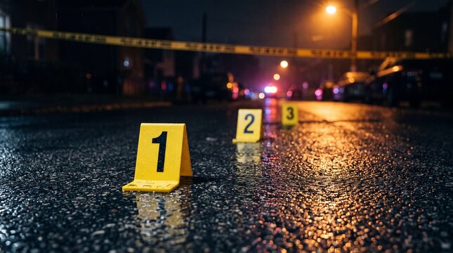Yellow numbered crime scene evidence markers on wet nighttime pavement lit by streetlight, representing police investigation, forensic evidence, crime scene photography and criminal case concept