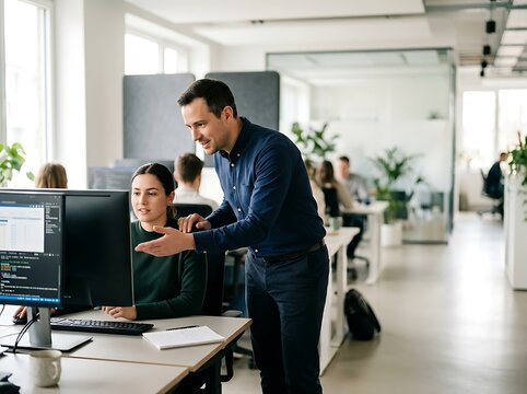Professional software developers working in modern office, male mentor training female colleague at computer, collaborative corporate teamwork