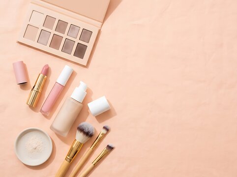 Nude makeup products collection on beige background, professional cosmetics flat lay with eyeshadow palette, liquid foundation and lipstick for beauty blog