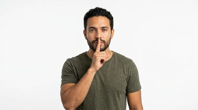 Man making a shushing gesture, with finger over lips, in front of a white background, conveying silence or a secret