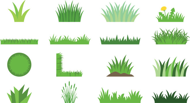 Green Grass Tufts and Borders Icon Set with Isolated Lawn Elements, Foliage Tufts, and Nature Illustrations for Landscape and Garden Designs