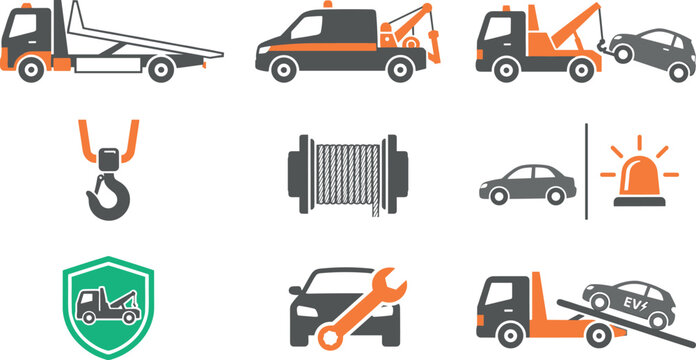 Tow Truck and Roadside Assistance Icon Set featuring Evacuator Vehicles, Wreckers, Flatbed Carriers, Hooks, Winches, and Car Repair Symbols for Transportation Services