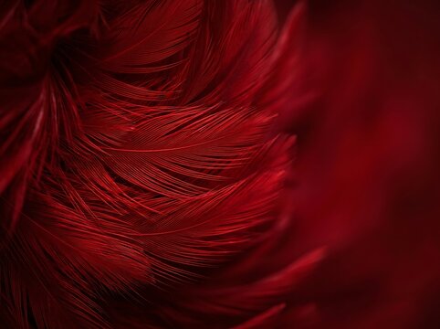 Dark red feathers in close-up, elegant crimson plumage texture, soft burgundy feather background for luxury design