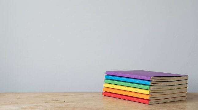 Colorful notebooks stacked on wooden table, rainbow school notebooks on desk, minimalist educational background with copy space