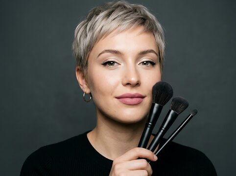 Professional makeup artist with short blonde hair holding cosmetic brushes, beautiful woman with elegant makeup, beauty salon concept