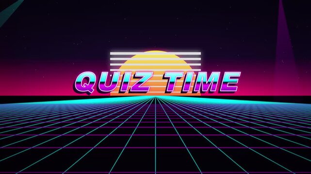 text quiz time. Retro synthwave background with Quiz Time neon text and grid