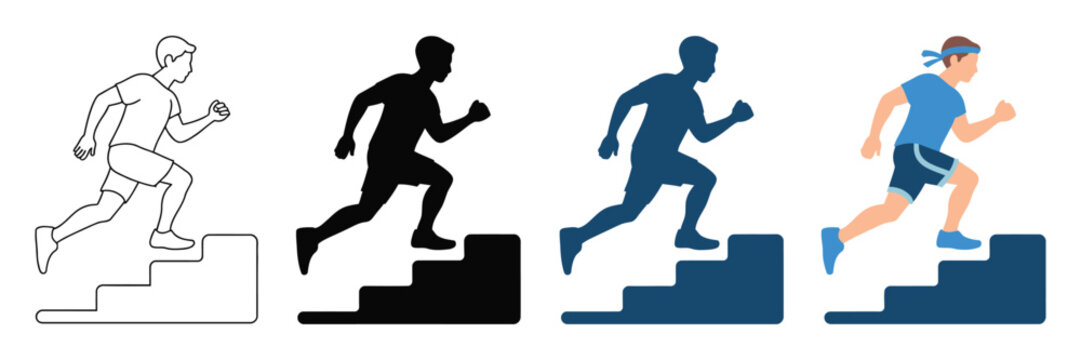 Running man climbing stairs icon set, male athlete sprinting up steps vector, career growth and personal success concept, flat and silhouette style