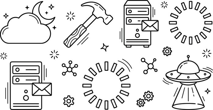 Technology and digital computing vector elements set featuring server tower data email hammer cloud loading circle and ufo spaceship