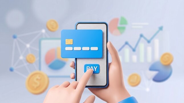 A 3D illustration of mobile banking and online payment with a credit card on a smartphone.