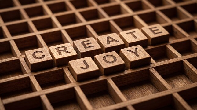 Wooden letter tiles spelling 'CREATE JOY' arranged in a grid, symbolizing happiness and creativity and positive mindset.