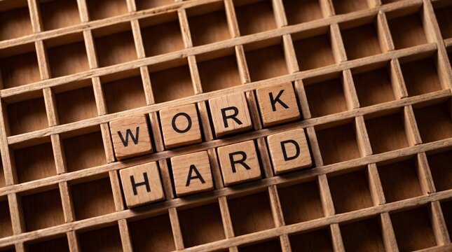 Wooden letter tiles spelling 'WORK HARD' on a grid, symbolizing effort and determination.