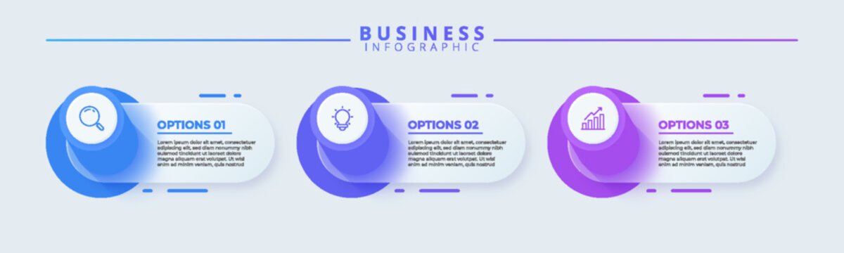 Modern 3 step business infographic template with blue and purple 3D circular icons, glassmorphism text panels, magnifying glass, lightbulb, and growth chart icons on a gray background.