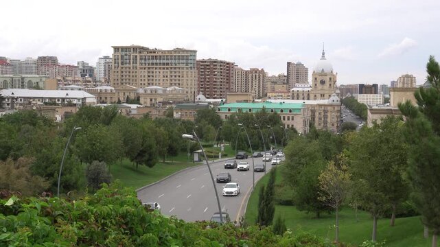 Urban cityscape view captured in Baku, Azerbaijan, showcasing the city's modern skyline, contemporary architecture, and vibrant metropolitan atmosphere in the heart of the country's capital.