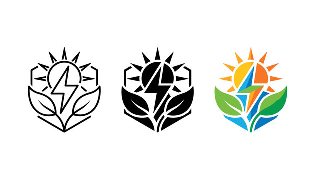 Eco energy logo design, solar power and green leaf icon, renewable energy vector illustration