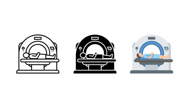 Set of mri scan machine icons, medical diagnostic equipment, ct scanner with patient lying on bed, vector illustration