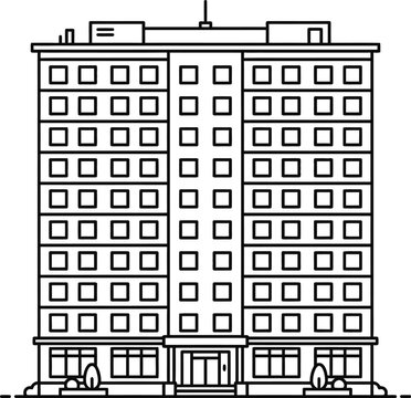 Minimalist black and white line art illustration of a multistory apartment building.