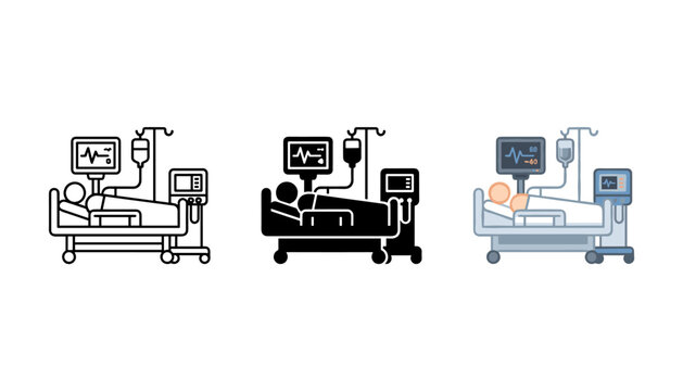 Hospital bed with patient, medical monitoring equipment and iv drip icon set vector illustration of intensive care unit in outline, solid and flat style