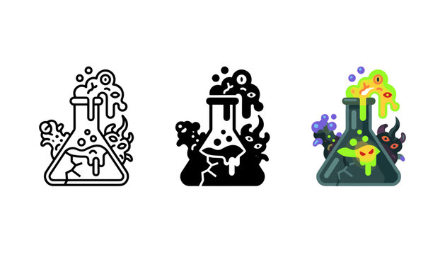 Set of three laboratory flask icons with monster creatures and toxic chemical spill