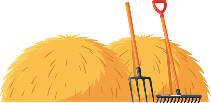 Cartoon Haystacks with Pitchfork and Rake Agricultural Farm Tool Vector IllustrationCartoon Haystacks with Pitchfork and Rake Agricultural Farm Tool Vector Illustration