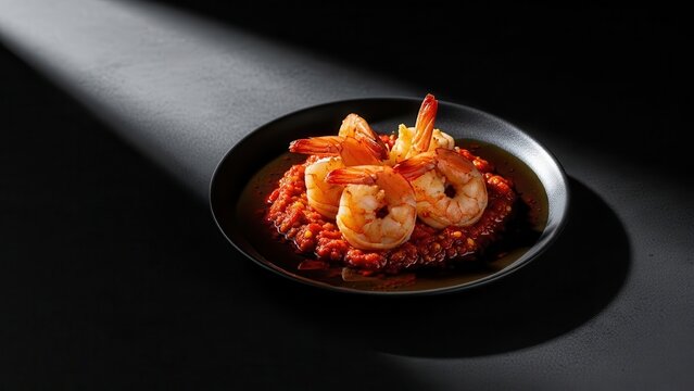Spicy Sambal Udang Shrimp Dish on Dark Plate