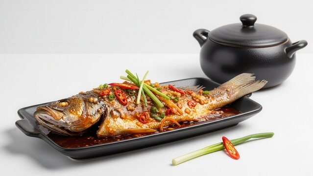 Ikan Siakap Tiga Rasa siap saji di atas pinggan hitam