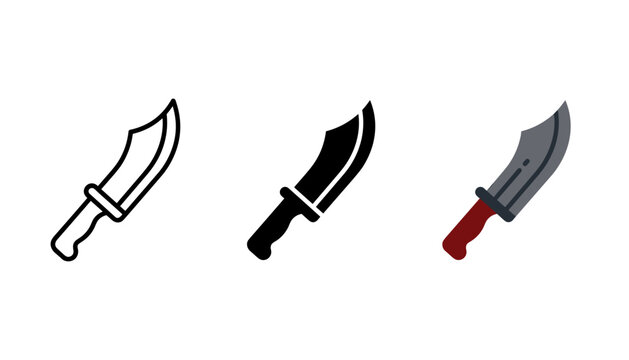 Set of three icons of a machete or a large knife with a curved blade and a handle, vector illustration