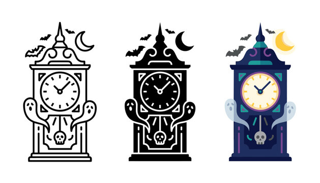 Set of halloween grandfather clock icons with ghosts, bats, skull pendulum and moon, flat vector illustration style