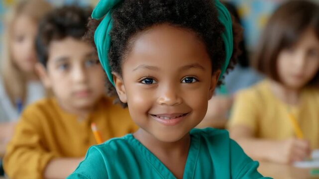 Young girl smiling while seated in colorful classroom setting