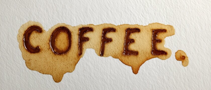Coffee Stain Forming the Word Coffee on White Paper, Creative Typography, Generative AI