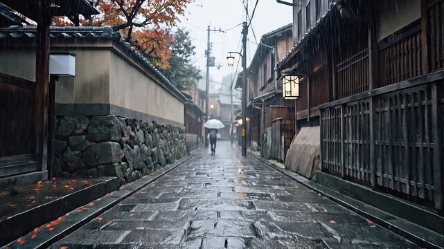 Autumn Leaves 037 Fallen Red Maple Leaves on Wet Stone Path Lined with Traditional Houses on a Rainy Day（雨の日に木造家屋と濡れた石畳、散り積もる赤い落葉が彩る伝統的な街並み）