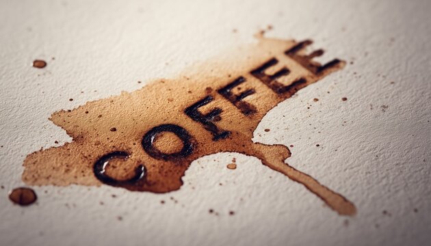 Coffee Stain Forming the Word Coffee on White Paper, Creative Typography, Generative AI