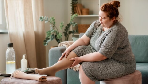 Plus size woman sitting at home applying compression stocking to leg for lipedema treatment and comfort