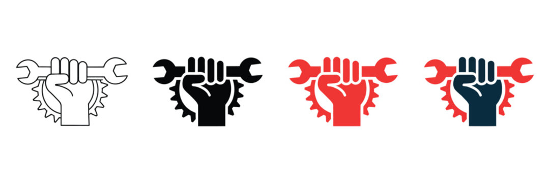 Industrial fist holding wrench icons, mechanical gear and hand tool symbols, set of 4 vector repair and labor logos in red and black