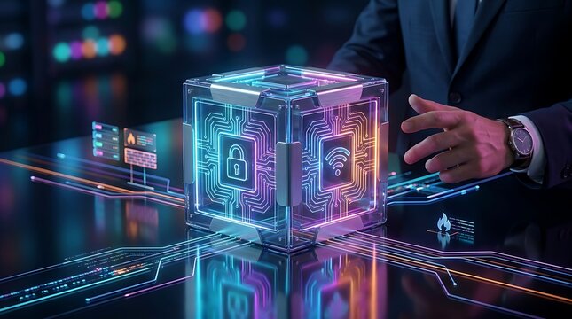 Futuristic glowing cube with cybersecurity and wifi symbols