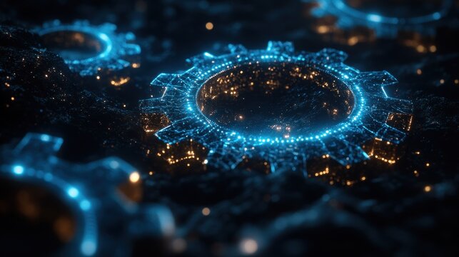 Abstract gears with glowing blue lines on dark textured surface