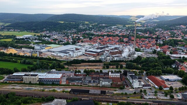 Alfeld, Lower Saxony, Germany - June 30, 2026: Wide Aerial View of Sappi Paper Mill and Alfeld, Germany